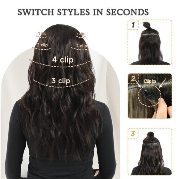 Clip in Long Wavy Synthetic Hair Extension 20 Inch Dark Brown 6PCS Thick - Picture 6 of 7